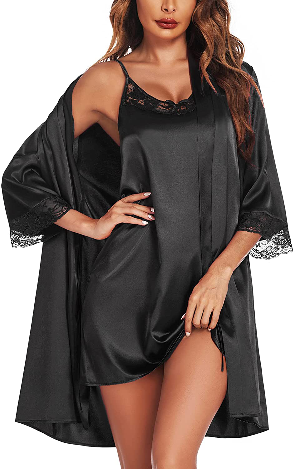 Ekouaer Satin Robes Set Women'S Silk Nightgown 2 Piece Sleepwear Sexy Lace Cami Nightwear Apparel & Accessories > Clothing > Sleepwear & Loungewear > Robes Ekouaer Black Small 