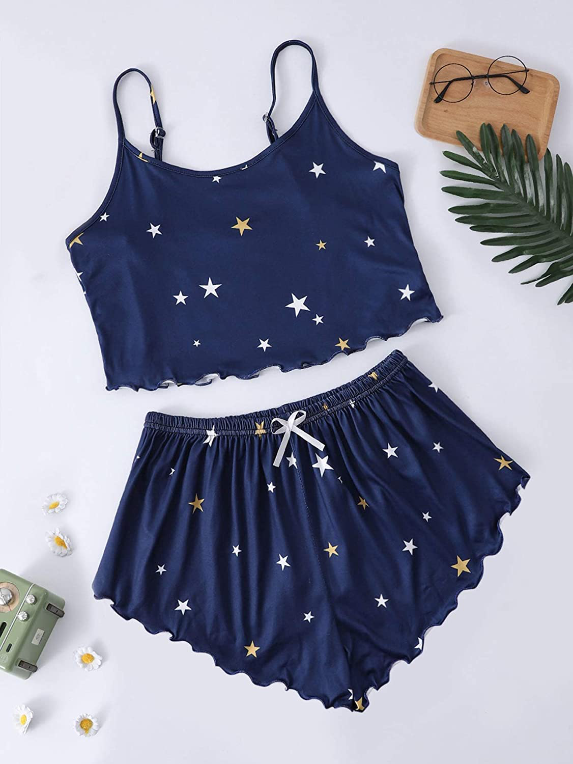 Shein Women'S Cow Print Sleepwear Lace Frill Trim Crop Cami Top and Shorts Pajama Set Apparel & Accessories > Clothing > Sleepwear & Loungewear Kylie Max   