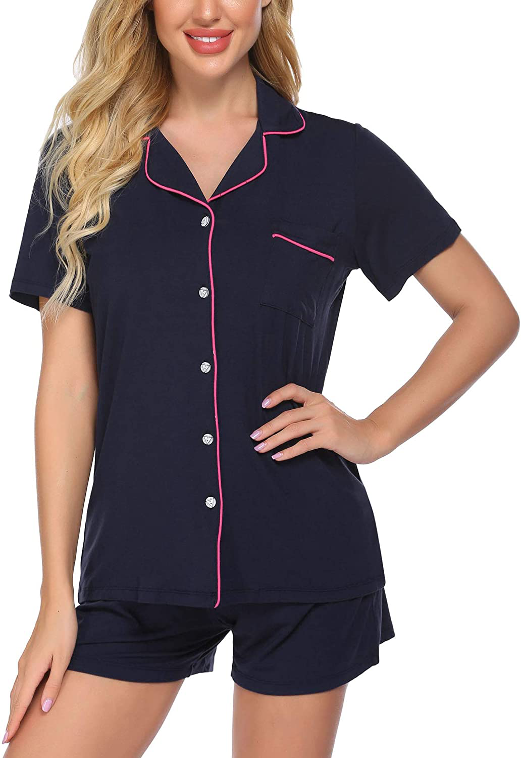 Ekouaer Pajamas Set Short Sleeve Sleepwear Womens Button Down Nightwear Soft Pj Lounge Sets XS-XXL Apparel & Accessories > Clothing > Sleepwear & Loungewear > Pajamas Ekouaer Navy Medium 