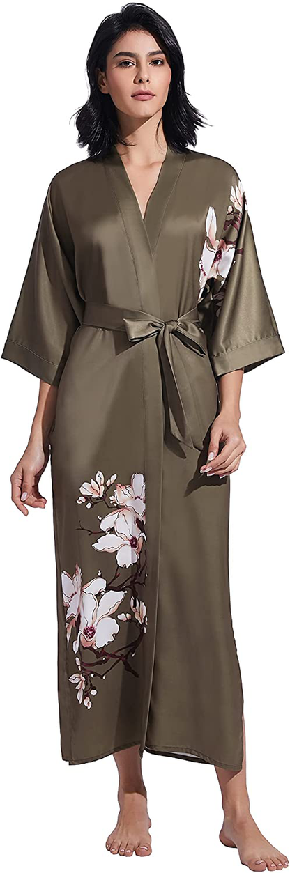 PRODESIGN Long Kimono Robe Satin Sleepwear Gradient Watercolor Silky Kimono Nightgown Bathrobe Kimono Blouse Cardigan Apparel & Accessories > Clothing > Sleepwear & Loungewear > Robes KYLIE MAX Kapok Blossom - Coffee  