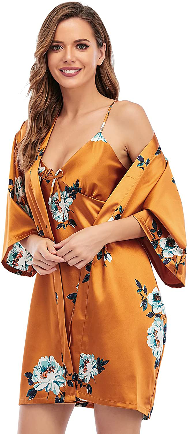 Escalier Womens Silk Satin Pajamas Set 2Pcs Silky Pj Sleepwear Lapel Loungewear Apparel & Accessories > Clothing > Sleepwear & Loungewear > Robes Escalier Orange Floral Small 