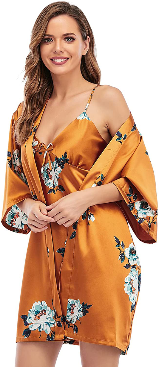 Escalier Womens Silk Satin Pajamas Set 2Pcs Silky Pj Sleepwear Lapel Loungewear Apparel & Accessories > Clothing > Sleepwear & Loungewear > Robes Escalier Orange Floral Small 