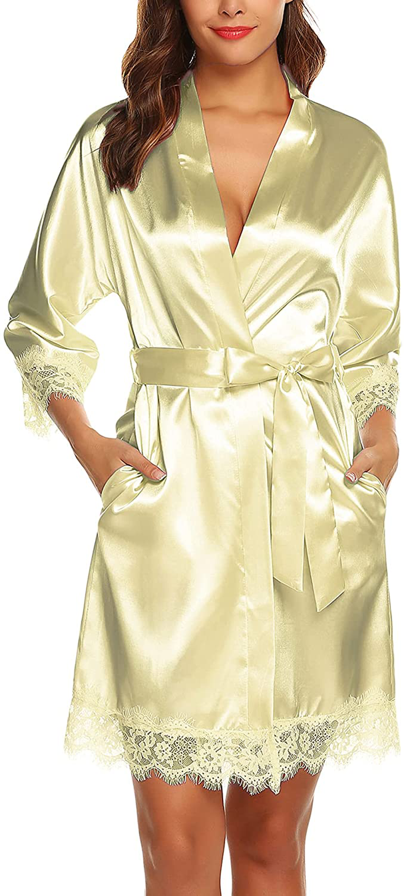 URRU Women'S Satin Silk Bathrobe Oblique V-Neck Short Kimono Robe Bridesmaids Robe S-XXXL Apparel & Accessories > Clothing > Sleepwear & Loungewear > Robes KYLIE MAX Gold Medium 