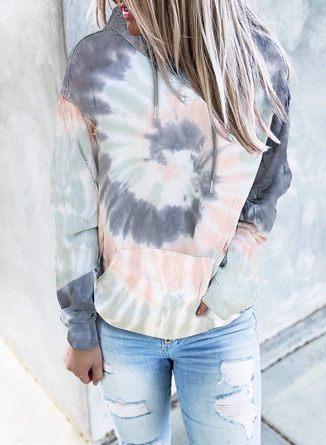 Eytino Women Hoodies Tops Tie Dye Printed Long Sleeve Drawstring Pullover Sweatshirts with Pocket(S-Xxl) Apparel & Accessories > Clothing > Activewear Kylie Max   