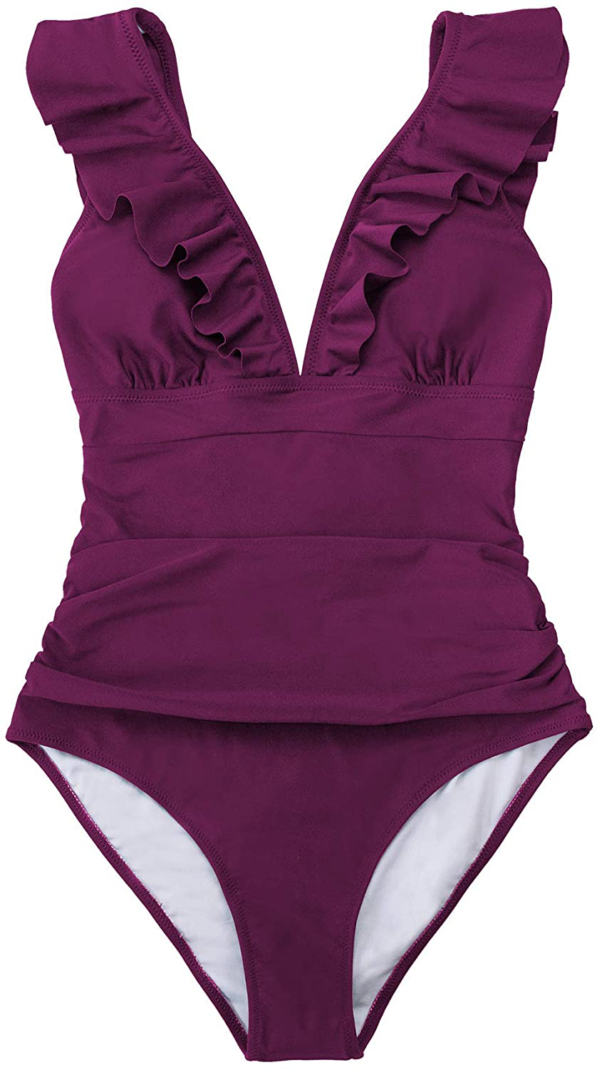 CUPSHE Women'S V Neck One Piece Swimsuit Ruffled Lace up Monokini Apparel & Accessories > Clothing > Swimwear Kylie Max   