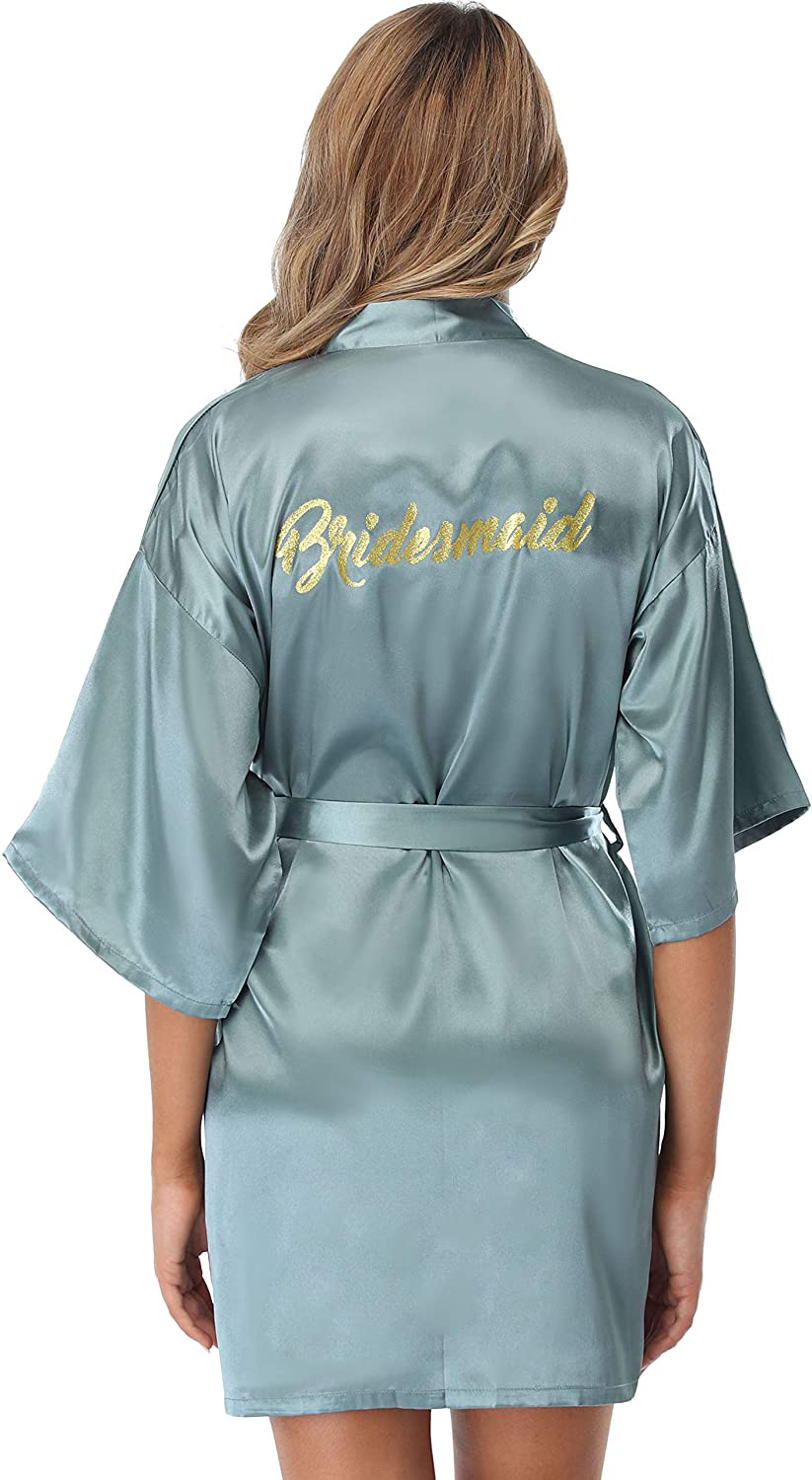 Vlazom Women'S Satin Robe Short Kimono for Bride & Bridesmaid Wedding Party Robes with Gold Glitter or Rhinestones Apparel & Accessories > Clothing > Sleepwear & Loungewear > Robes KYLIE MAX Dark Green for Bridesmaid Large 