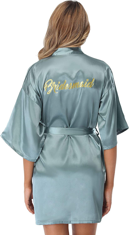Vlazom Women'S Satin Robe Short Kimono for Bride & Bridesmaid Wedding Party Robes with Gold Glitter or Rhinestones Apparel & Accessories > Clothing > Sleepwear & Loungewear > Robes KYLIE MAX Dark Green for Bridesmaid Large 