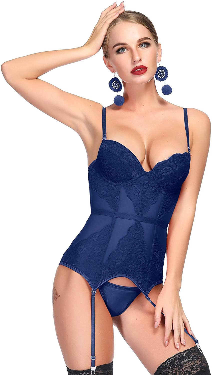 Topmelon Sexy Corset Lingerie for Women Lace Corset Bustier Garter Straps Overbust Corsette Boudoir Outfits Apparel & Accessories > Clothing > Underwear & Socks > Lingerie TOPMELON Navy Blue Large 