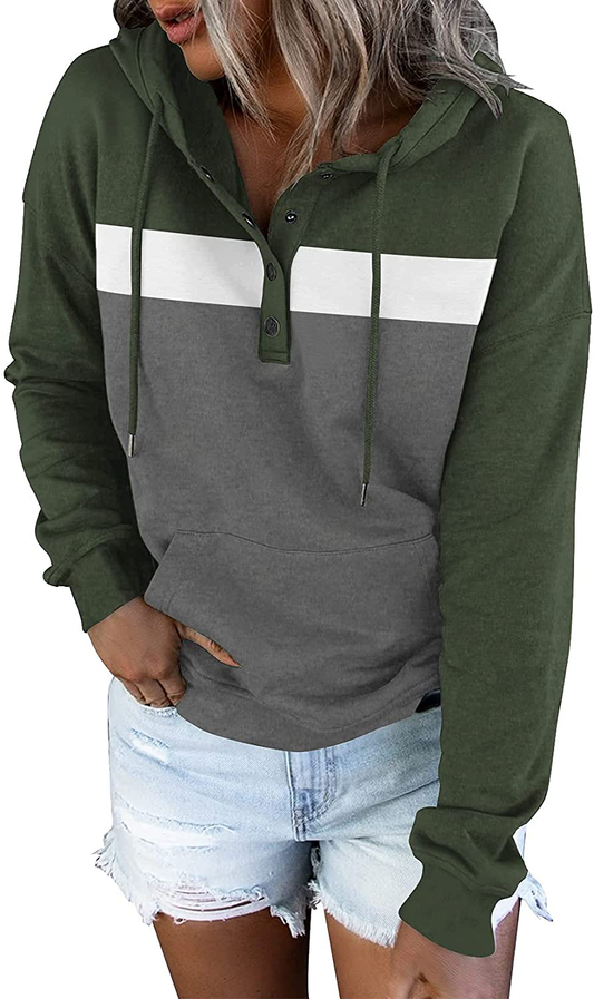 Women'S Casual Color Block Hoodies Long Sleeve Tops Button down Drawstring Pullover Sweatshirts with Pocket Apparel & Accessories > Clothing > Activewear Kylie Max   