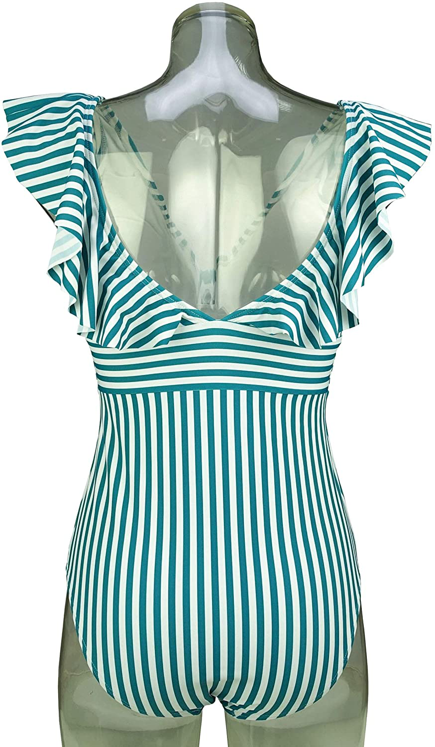 COCOSHIP Women'S One Piece Bather Deep V Neckline Bikini Striped Front Backless Swimsuit Flounce Ruffle Swimwear Apparel & Accessories > Clothing > Swimwear Kylie Max   