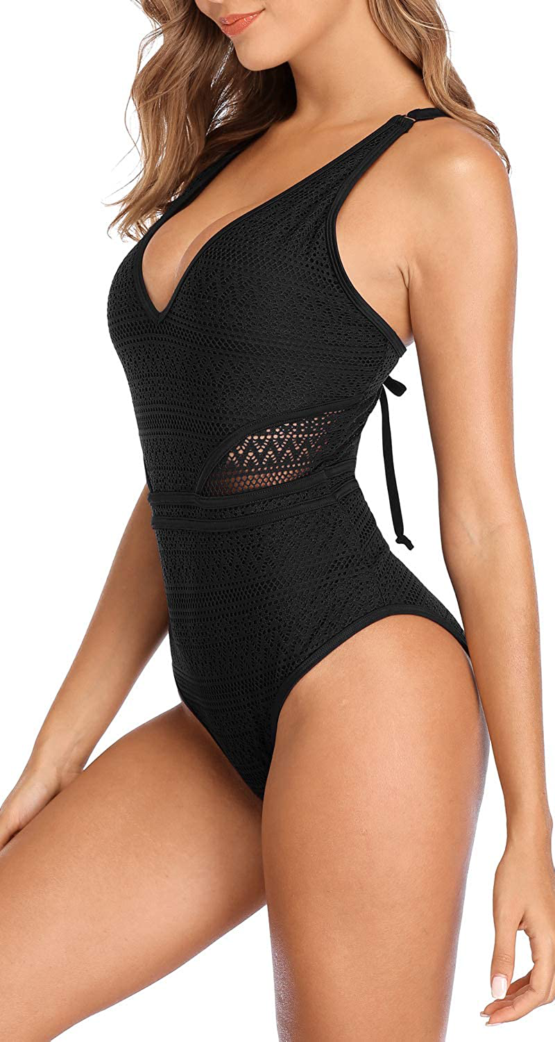 SOCIALA Women'S Crochet One Piece Swimsuits V Neck High Waist Bathing Suit Sexy Hollow Monokini Swimwear Apparel & Accessories > Clothing > Swimwear Kylie Max   