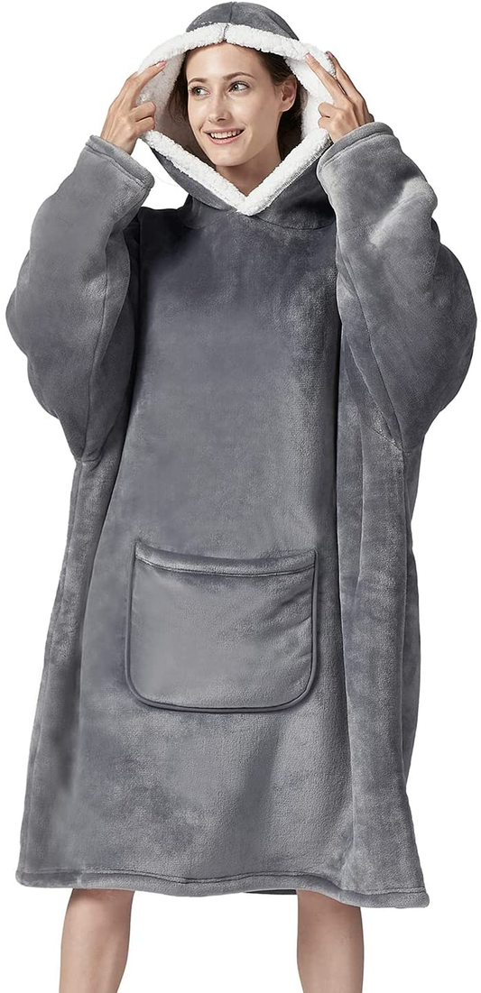 Hansleep Wearable Blanket Sherpa Oversized Sweatshirt with Hoodie, Soft Warm Flannel Fleece Throw Blankets Sweatshirt with Sleeves and Pocket, One Size Fits All (Grey, Medium) Arts & Entertainment > Party & Celebration > Gift Giving Hansleep Grey Medium 