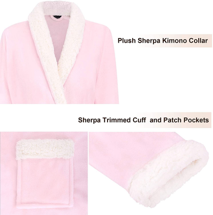 Burklett Luxury Sherpa Trim Fleece Long Bath Robe with Pocket Apparel & Accessories > Clothing > Sleepwear & Loungewear > Robes Kylie Max   