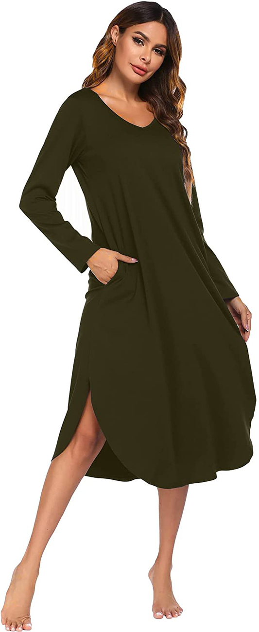 Ekouaer Nightgowns Womens V Neck Nightshirts Long Sleeve Sleepwear plus Size Night Wear S-XXL Apparel & Accessories > Clothing > Sleepwear & Loungewear > Nightgowns Kylie Max   