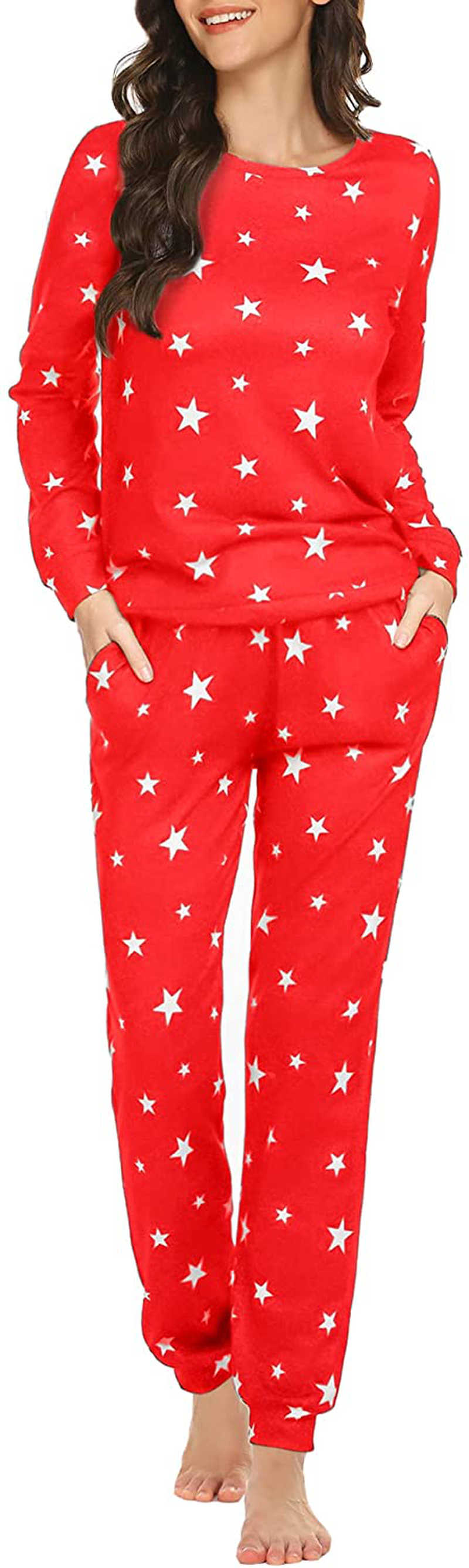 Ekouaer Womens Pajama Set Long Sleeve Sleepwear Star Print Nightwear Soft Pjs Lounge Sets with Pockets Apparel & Accessories > Clothing > Sleepwear & Loungewear > Pajamas Ekouaer A-red White Star Medium 