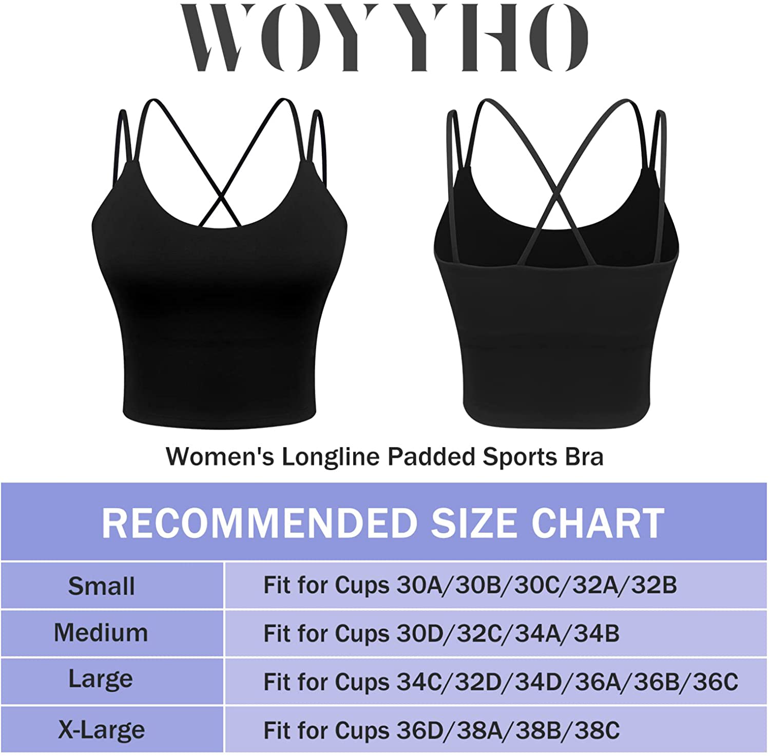 Women'S Longline Sports Bra Padded Strappy Yoga Bra Fitness Running Workout Crop Tank Top（2Pack） Apparel & Accessories > Clothing > Underwear & Socks > Bras Kylie Max   