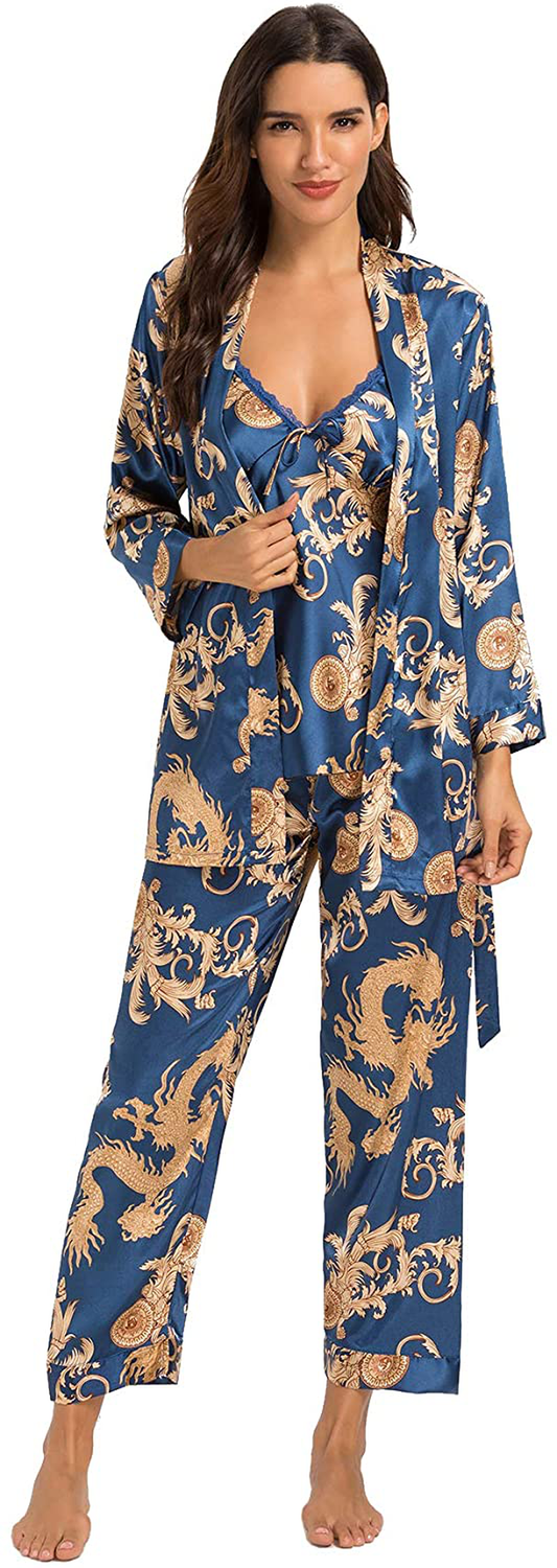 Escalier Women'S Silk Satin Pajamas Set 3 Pcs Floral Silky Pj Sets Sleepwear Cami Nightwear with Robe and Pant Apparel & Accessories > Clothing > Sleepwear & Loungewear Kylie Max   