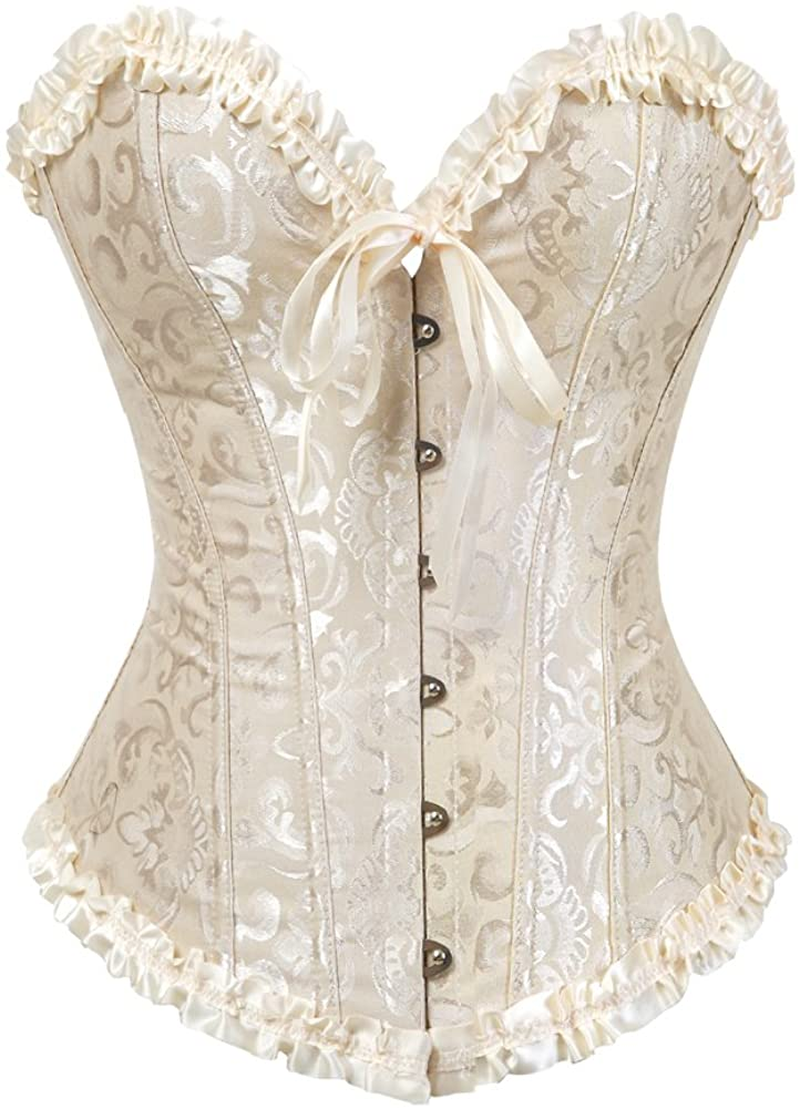 Women Lace up Back Sexy Floral Corset for Women Lingerie Bustier Top plus Size Apparel & Accessories > Clothing > Underwear & Socks > Lingerie Zhitunemi Beige 3X-Large 