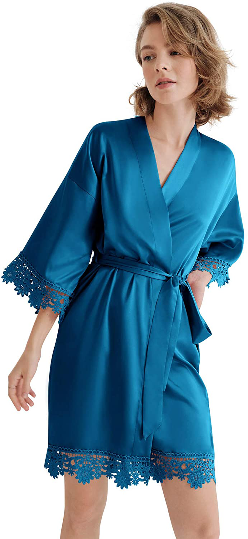 SIORO Women'S Satin Robe Lace Silk Kimono Robes Short for Bridesmaid Wedding Party Nightgown, Small~X-Large Apparel & Accessories > Clothing > Sleepwear & Loungewear > Robes KYLIE MAX Peacock Blue Medium 