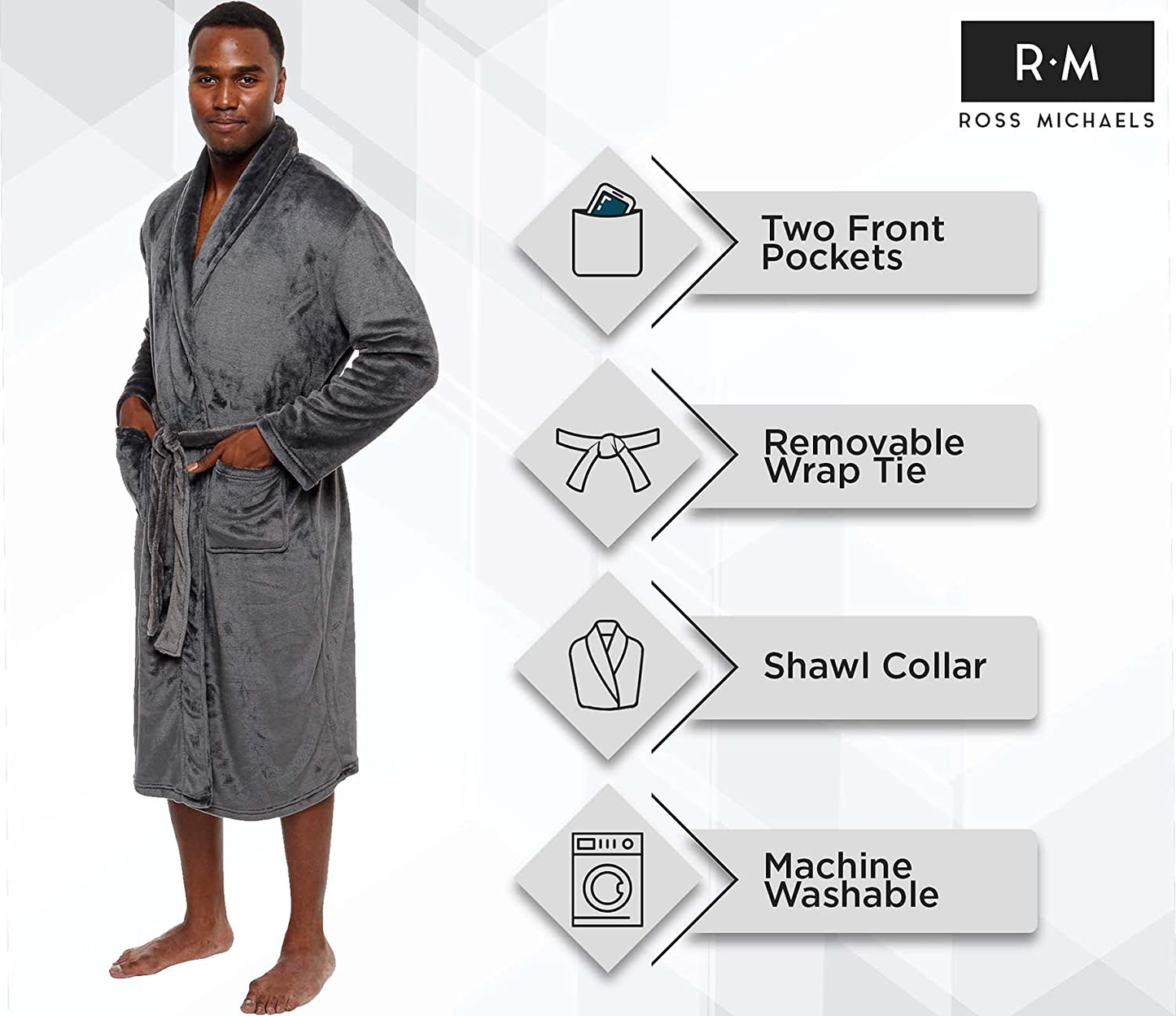 Ross Michaels Mens Robe - Mid Length - Plush Shawl Collar Fleece Bathrobe Apparel & Accessories > Clothing > Sleepwear & Loungewear > Robes Kylie Max   
