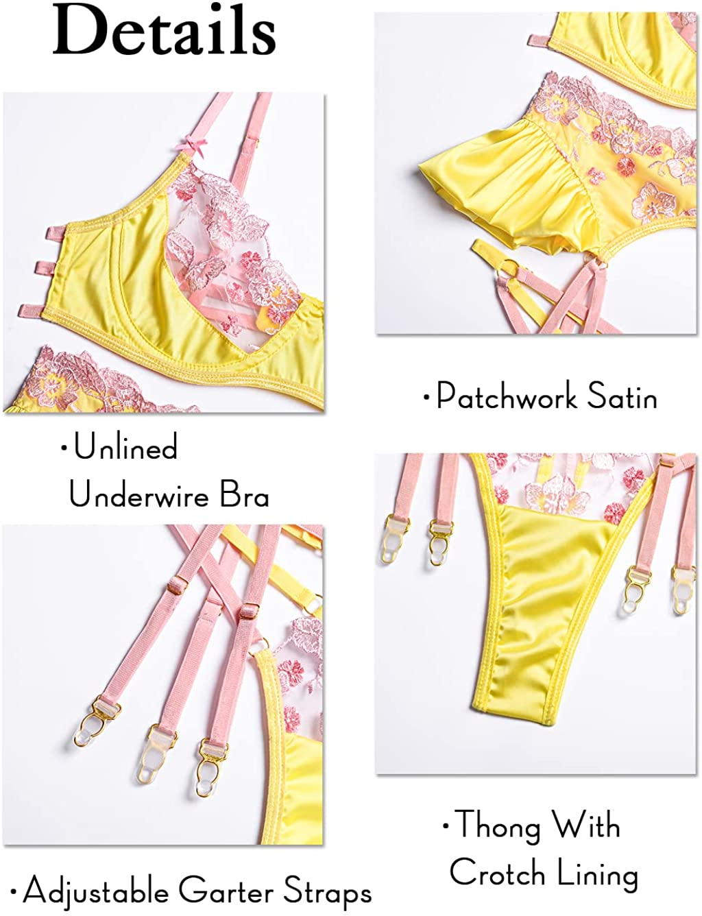 Kaei&Shi Floral Embroidered,Satin Patchwork,Underwire,Thong,Garter Belt Lingerie Apparel & Accessories > Clothing > Underwear & Socks > Lingerie Kaei&Shi   
