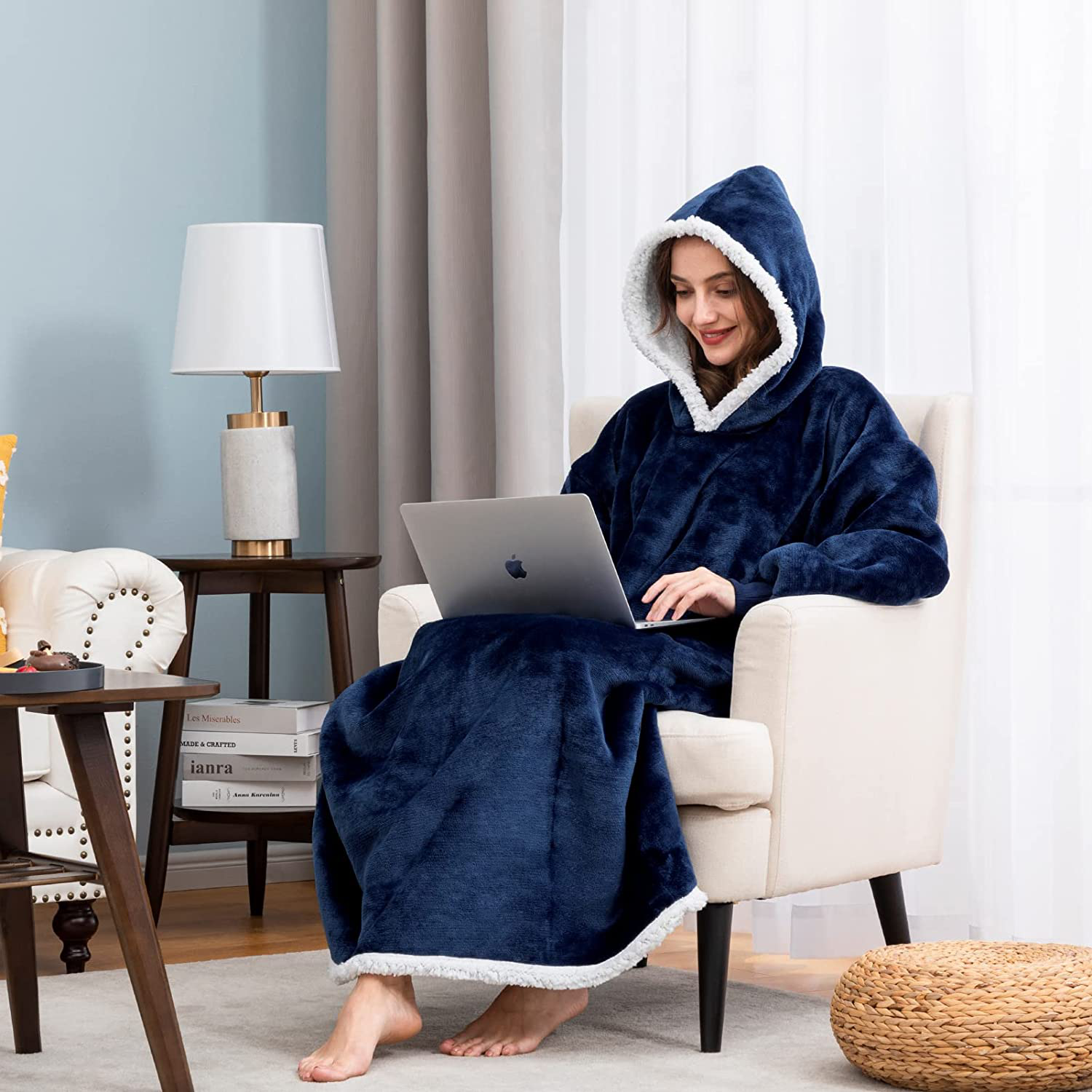 HBlife Oversized Long Wearable Blanket Hoodie for Adult, Thick Sherpa Sweatshirt with Elastic Sleeves and Giant Pockets Super Warm and Cozy Fuzzy Plush Fleece Blanket Jacket, Blue Arts & Entertainment > Party & Celebration > Gift Giving HBlife   