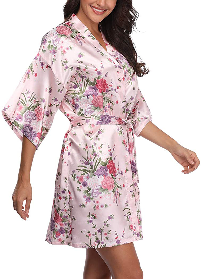 VOGMATE Women'S Floral Satin Short Robe for Bridesmaid Bride Silk Kimono Robe Dressing Gown for Wedding Party Apparel & Accessories > Clothing > Sleepwear & Loungewear > Robes VOGMATE Floral-baby Pink Large 