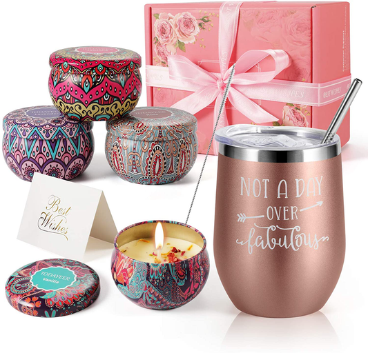Birthday Gifts for Women - Insulated Wine Tumbler Rose Gold and Candles 4 Pack Gift Bath Set Gifts for Women - Stainless Steel Wine Tumbler with Lid - Best Relaxing Spa Gift Box Basket Present Arts & Entertainment > Party & Celebration > Gift Giving TODAYEER Rose Gold  