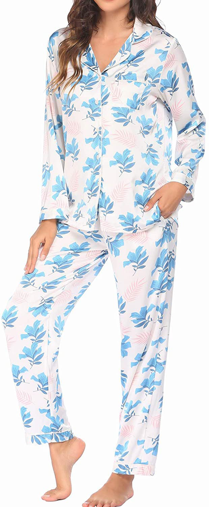 Ekouaer Satin Pajamas Women’S Long Sleeve Sleepwear Silk Soft Button down Loungewear Pjs Set S-XXL Apparel & Accessories > Clothing > Sleepwear & Loungewear > Pajamas Kylie Max   