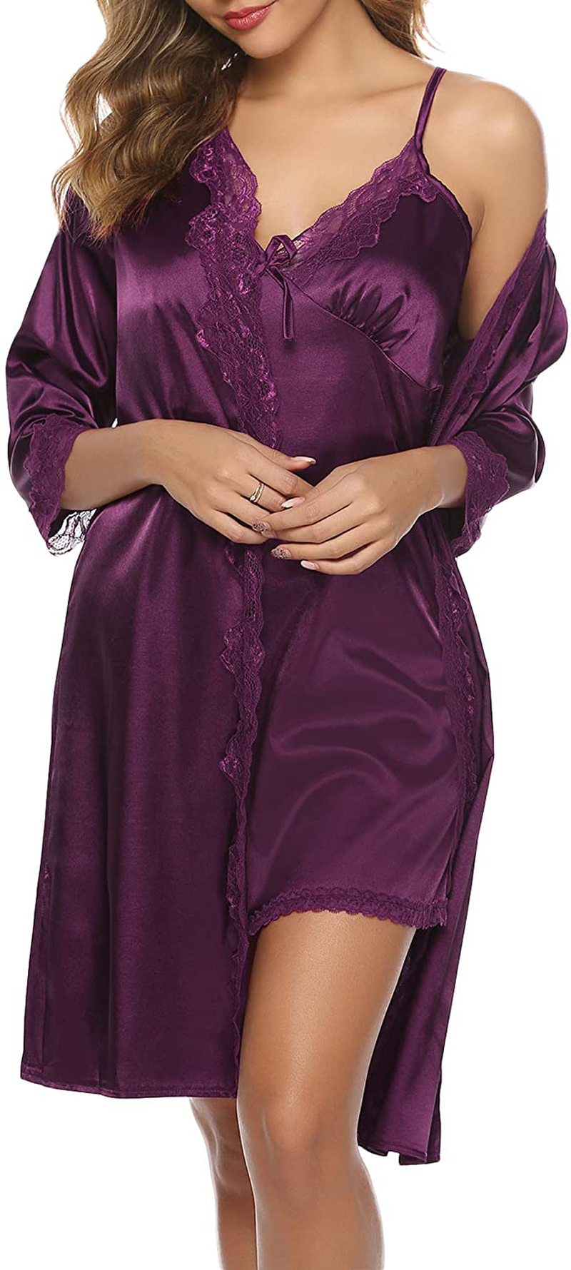 Sykooria Sexy Satin Robes for Women Lace Pajamas Set 2 Piece Sleepwear Ladies Lingerie Nightgown for Bride Party Apparel & Accessories > Clothing > Sleepwear & Loungewear > Robes Sykooria   