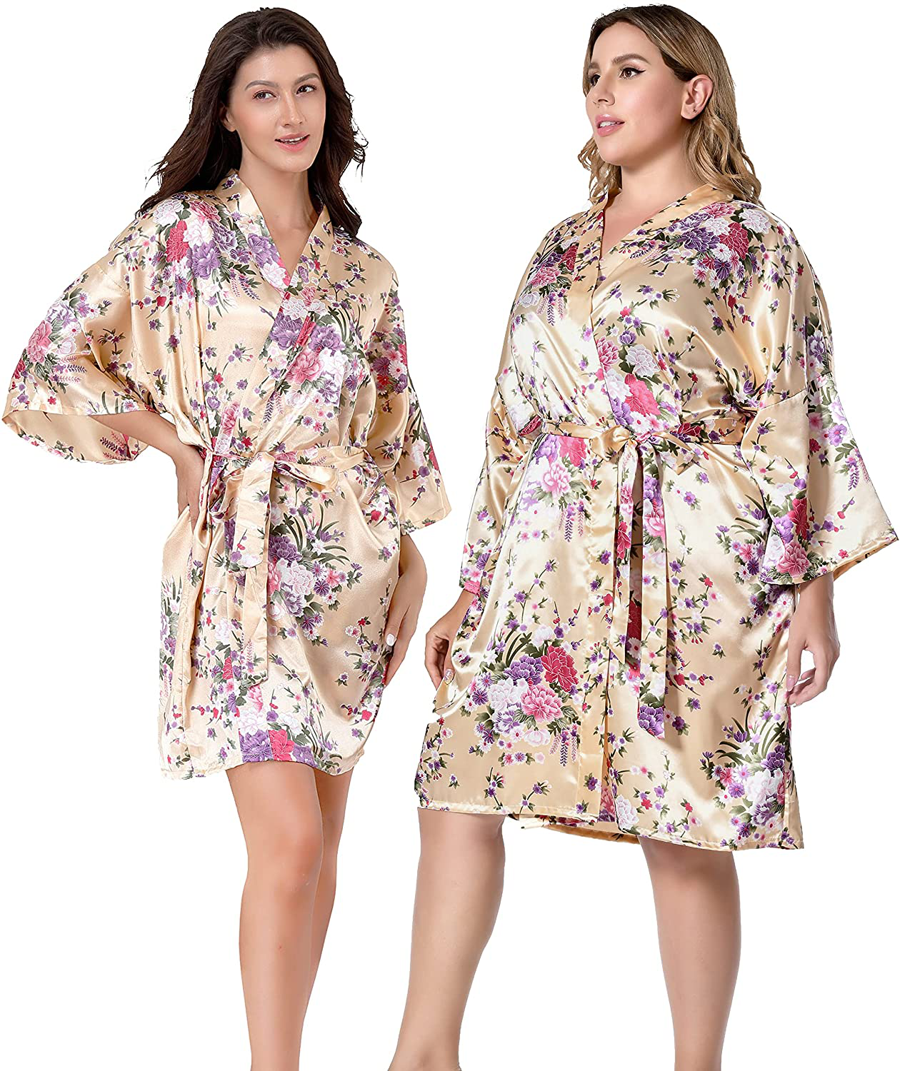 EPLAZA Women Floral Satin Robe Bridal Dressing Gown Wedding Bride Bridesmaid Kimono Sleepwear Apparel & Accessories > Clothing > Sleepwear & Loungewear > Robes EPLAZA Champagne XX-Large-3X-Large 