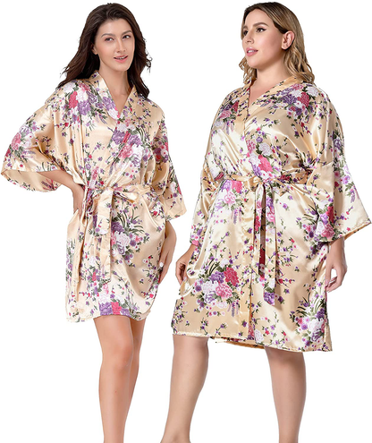 EPLAZA Women Floral Satin Robe Bridal Dressing Gown Wedding Bride Bridesmaid Kimono Sleepwear Apparel & Accessories > Clothing > Sleepwear & Loungewear > Robes EPLAZA Champagne XX-Large-3X-Large 