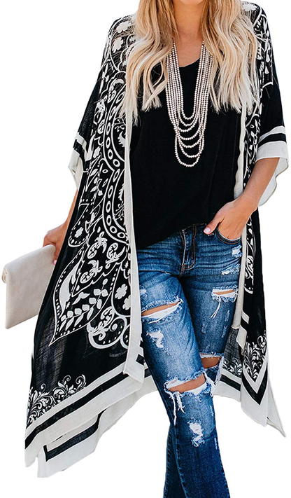 Dokotoo Womens 2022 Fashion Print Kimono Tassel Casual Cardigan Loose Cover Up Apparel & Accessories > Clothing > Swimwear Kylie Max   
