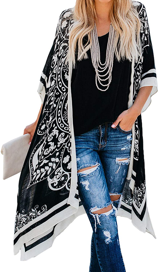 Dokotoo Womens 2022 Fashion Print Kimono Tassel Casual Cardigan Loose Cover Up Apparel & Accessories > Clothing > Swimwear Kylie Max   