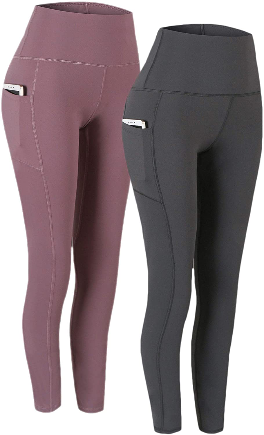 Fengbay 2 Pack High Waist Yoga Pants, Pocket Yoga Pants Tummy Control Workout Running 4 Way Stretch Yoga Leggings Apparel & Accessories > Clothing > Activewear Fengbay Grey & Pink Large 
