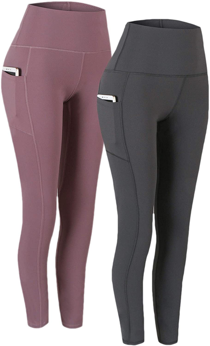Fengbay 2 Pack High Waist Yoga Pants, Pocket Yoga Pants Tummy Control Workout Running 4 Way Stretch Yoga Leggings Apparel & Accessories > Clothing > Activewear Fengbay Grey & Pink Large 