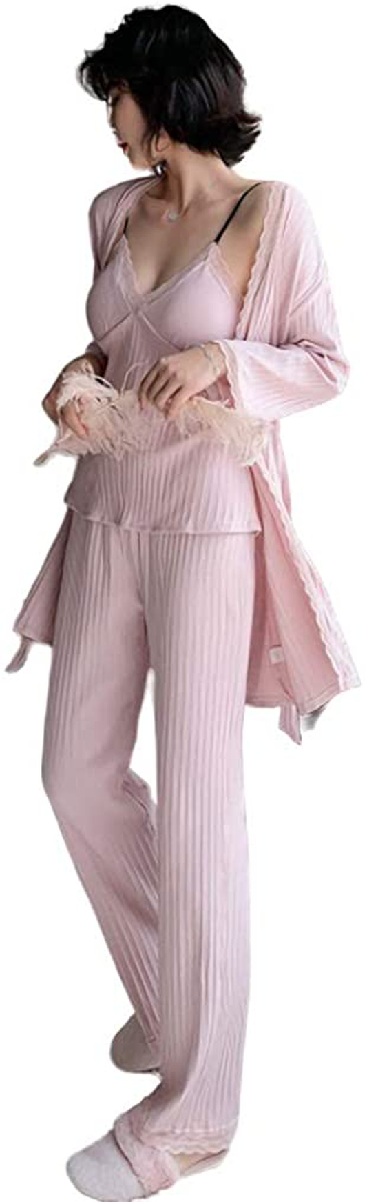 SAPJON Women Cotton Pajamas Sets Sexy Lace V-Neck 3 Pieces Sleepwear Robes Cami Pants Nightwear with Chest Pads Apparel & Accessories > Clothing > Sleepwear & Loungewear Kylie Max   