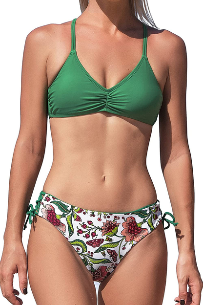CUPSHE Women Back Braided Straps Bikini Sets Reversible Bottom Strappy Lace Up 2 Piece Swimsuits Apparel & Accessories > Clothing > Swimwear CUPSHE Green/Floral XX-Large 