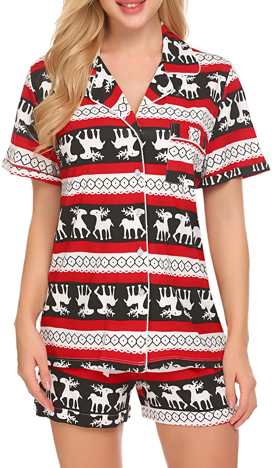Ekouaer Pajamas Set Short Sleeve Sleepwear Womens Button Down Nightwear Soft Pj Lounge Sets XS-XXL Apparel & Accessories > Clothing > Sleepwear & Loungewear > Pajamas Ekouaer Pat-christmas Red XX-Large 