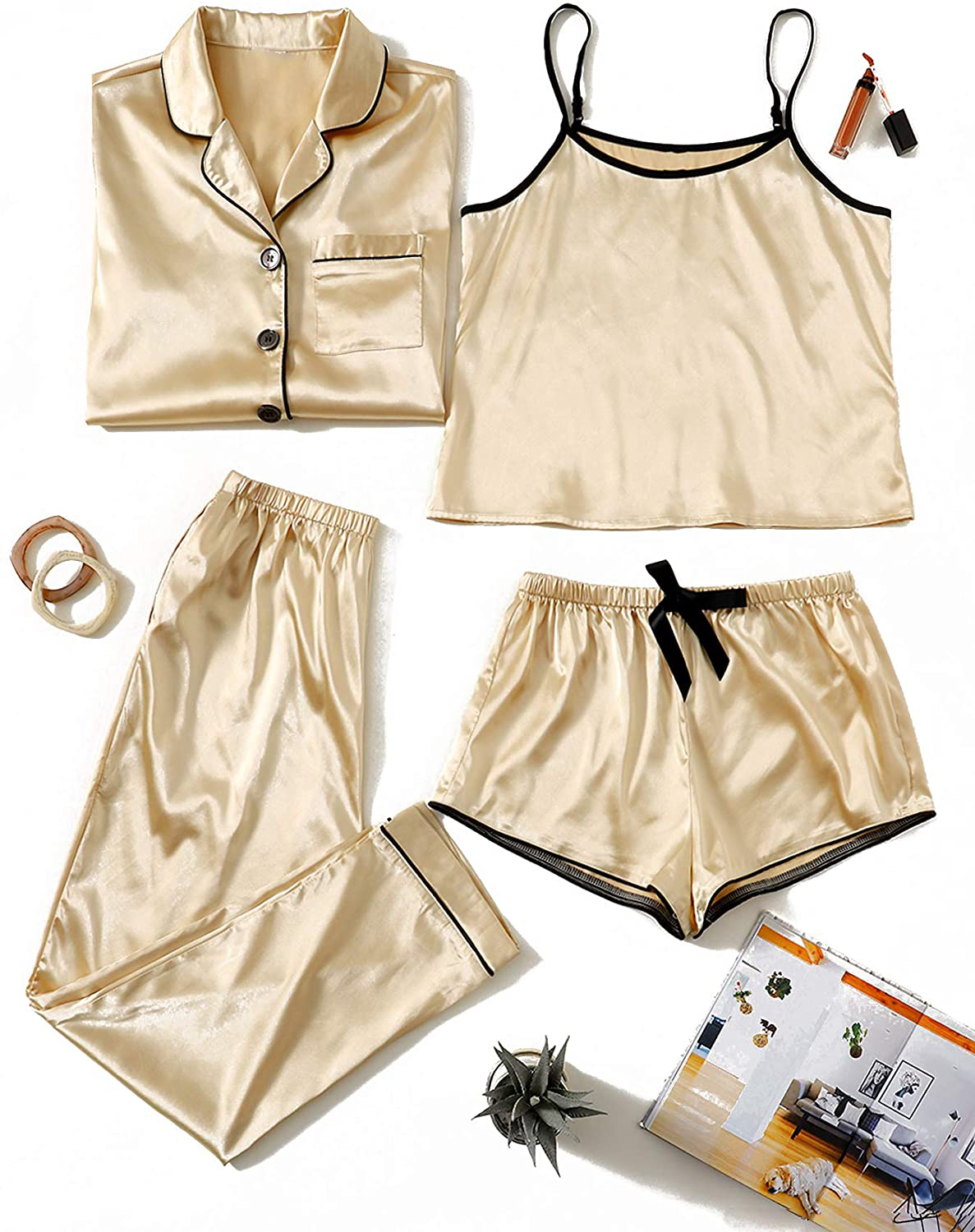 WDIRARA Women'S Silk Satin Pajama Set 4 Pieces Sleepwear Loungewear Pj Sets Apparel & Accessories > Clothing > Sleepwear & Loungewear Kylie Max   