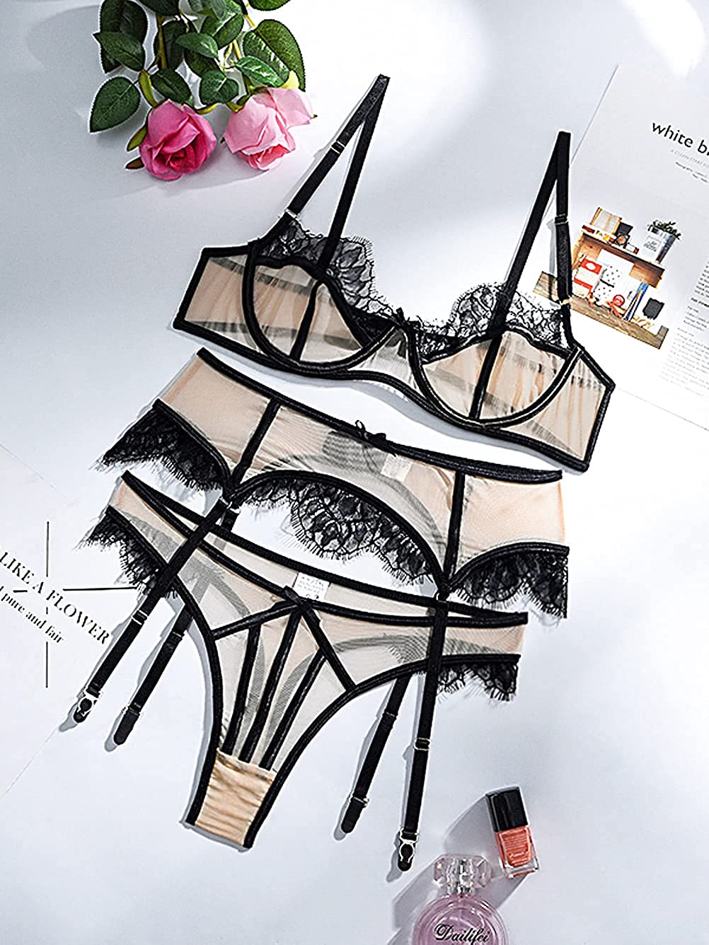 Kaei&Shi Floral Lace Patchwork,Underwire,High Waisted Belt,Thong,Garter Lingerie Set Apparel & Accessories > Clothing > Underwear & Socks > Lingerie Kaei&Shi   