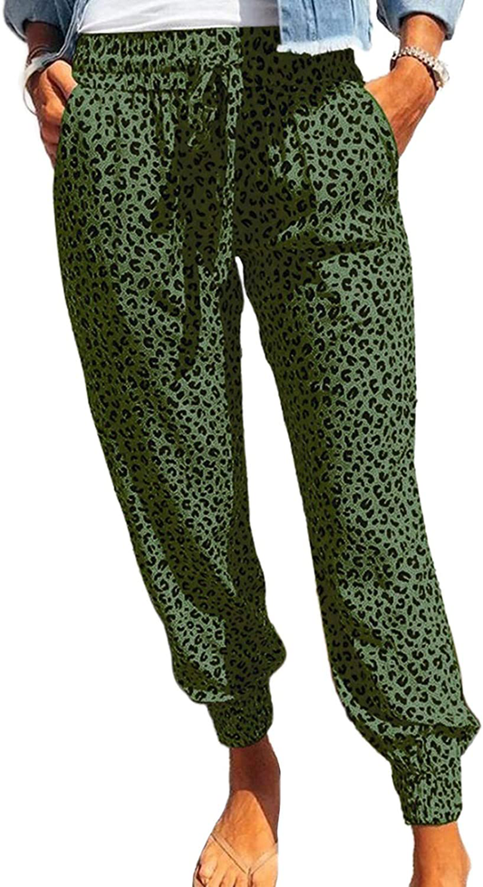 ROSKIKI Womens Leopard Drawstring Elastic Waist Sports Lounge Pants with Pockets Apparel & Accessories > Clothing > Activewear Kylie Max   