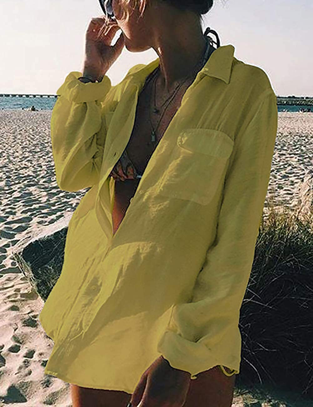 Bsubseach Women Long Sleeve Beach Shirt Blouses Turn down Collar Bathing Suit Cover Ups Apparel & Accessories > Clothing > Swimwear Kylie Max   