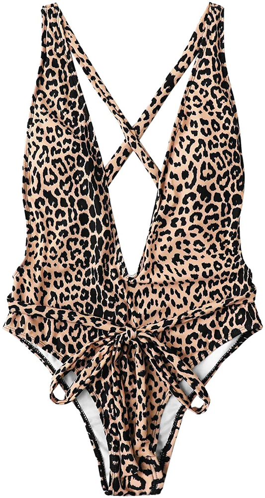 Sweatyrocks Women'S Sexy Bathing Suits Criss Cross Tie Knot Front Deep V Open Back Leopard One Piece Swimwear Apparel & Accessories > Clothing > Swimwear Kylie Max   
