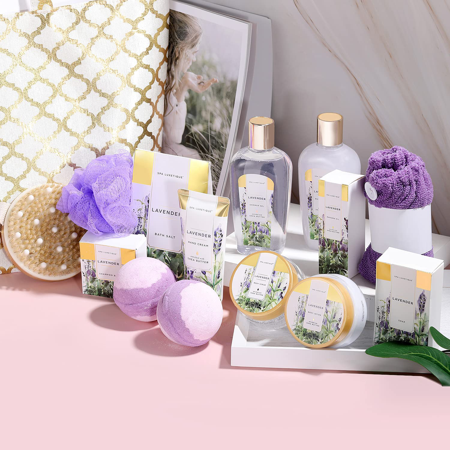 Spa Luxetique Spa Gift Basket, Gift Set for Women - 15pcs Lavender Spa Baskets, Relaxing Spa Kit Includes Bubble Bath, Bath Bombs, Massage Oil, Bath Set for Women Gifts, Christmas Gifts for Women. Arts & Entertainment > Party & Celebration > Gift Giving spa luxetique   