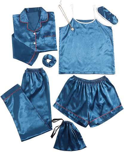 SheIn Women's 7pcs Pajama Set Cami Pjs with Shirt and Eye Mask Apparel & Accessories > Clothing > Sleepwear & Loungewear > Pajamas SheIn Solid Blue X-Large 