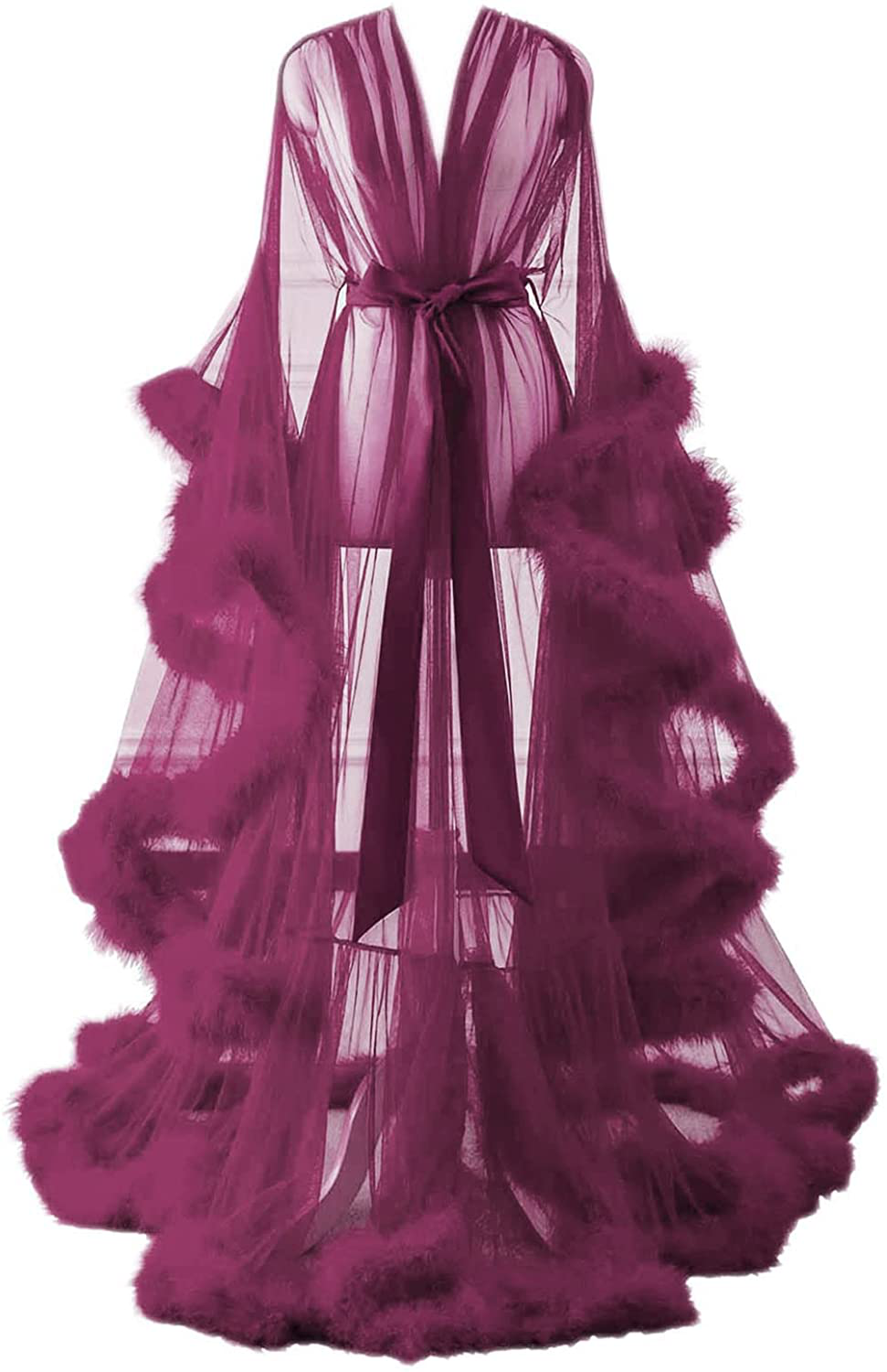 Changuan Sexy Illusion Long Lingerie Robe Nightgown Bathrobe Sleepwear Feather Bridal Robe Wedding Scarf Apparel & Accessories > Clothing > Sleepwear & Loungewear > Robes Changuan Desert Rose Large-X-Large 