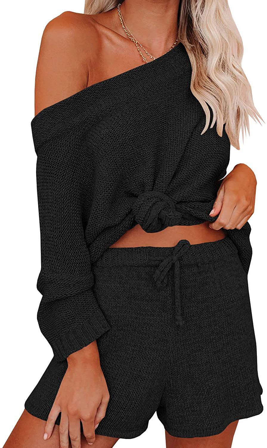 Ermonn Womens 2 Piece Outfits Sweater Sets off Shoulder Knit Tops Waist Short Suits Casual Pajama Set Apparel & Accessories > Clothing > Sleepwear & Loungewear Kylie Max   