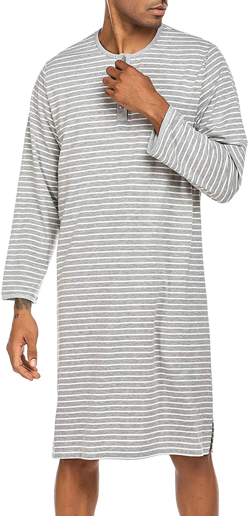 Ekouaer Men'S Night Sleep Shirts Comfy Long Sleeve Mid-Length Nightgown Loose Striped Nightshirts S-XXL Apparel & Accessories > Clothing > Sleepwear & Loungewear > Nightgowns Kylie Max   