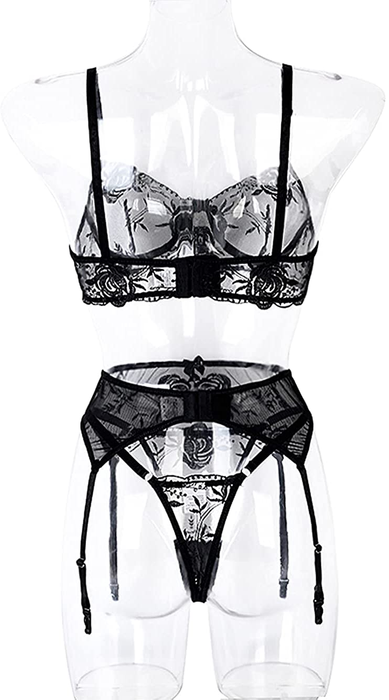 Kaei&Shi Floral Embroidered Mesh Sheer,Underwire Satin Bow,High Cut Thong,Belt Garter Lingerie Apparel & Accessories > Clothing > Underwear & Socks > Lingerie Kaei&Shi   